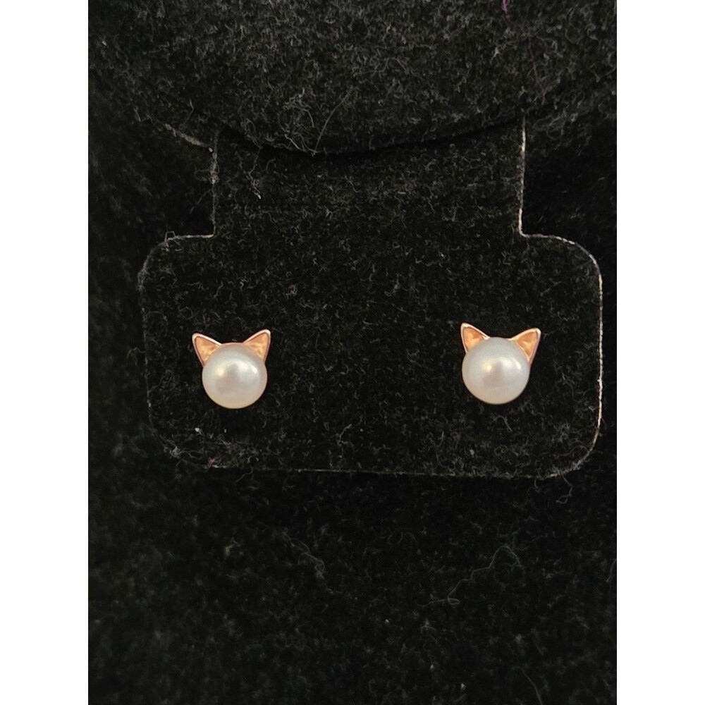 Wicary S925 Rose Gold Cat Ear Cultured Freshwater Pearl Stud Earrings Kitty Cute